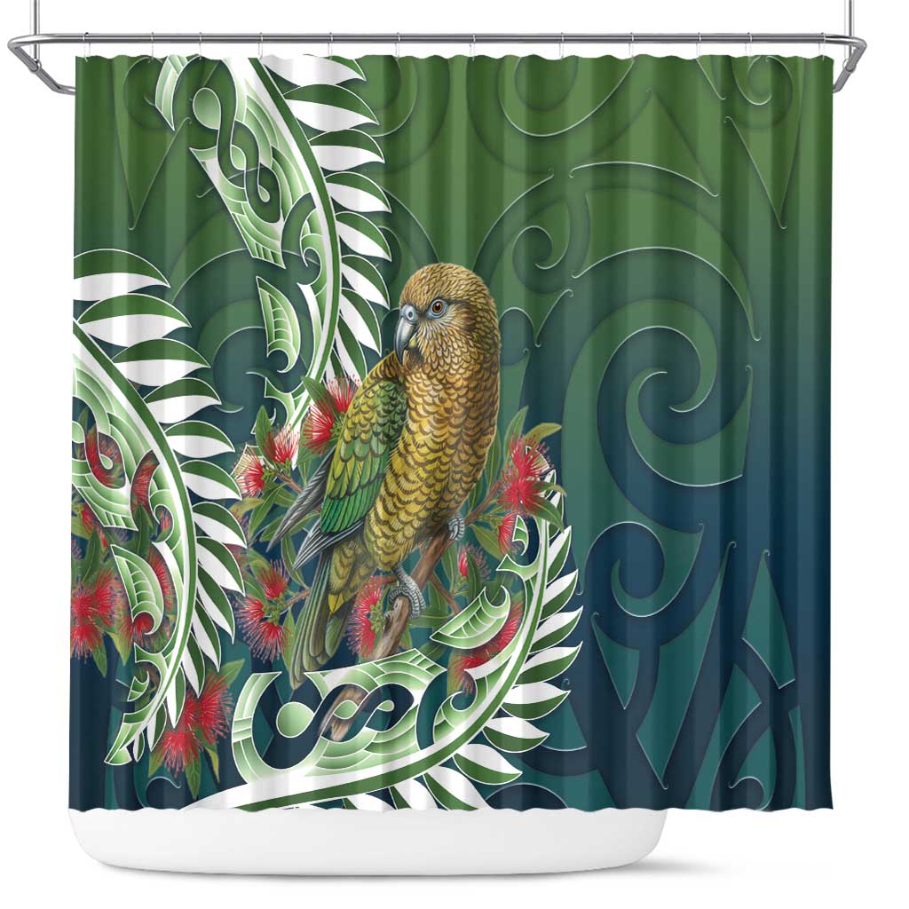 New Zealand Kea Bird Shower Curtain With Maori Koru Fern - Aussie Hoodie
