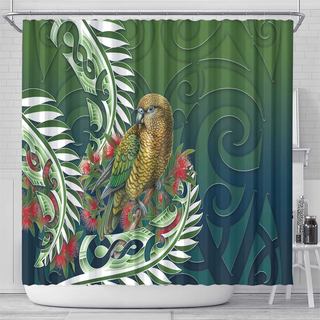 New Zealand Kea Bird Shower Curtain With Maori Koru Fern - Aussie Hoodie
