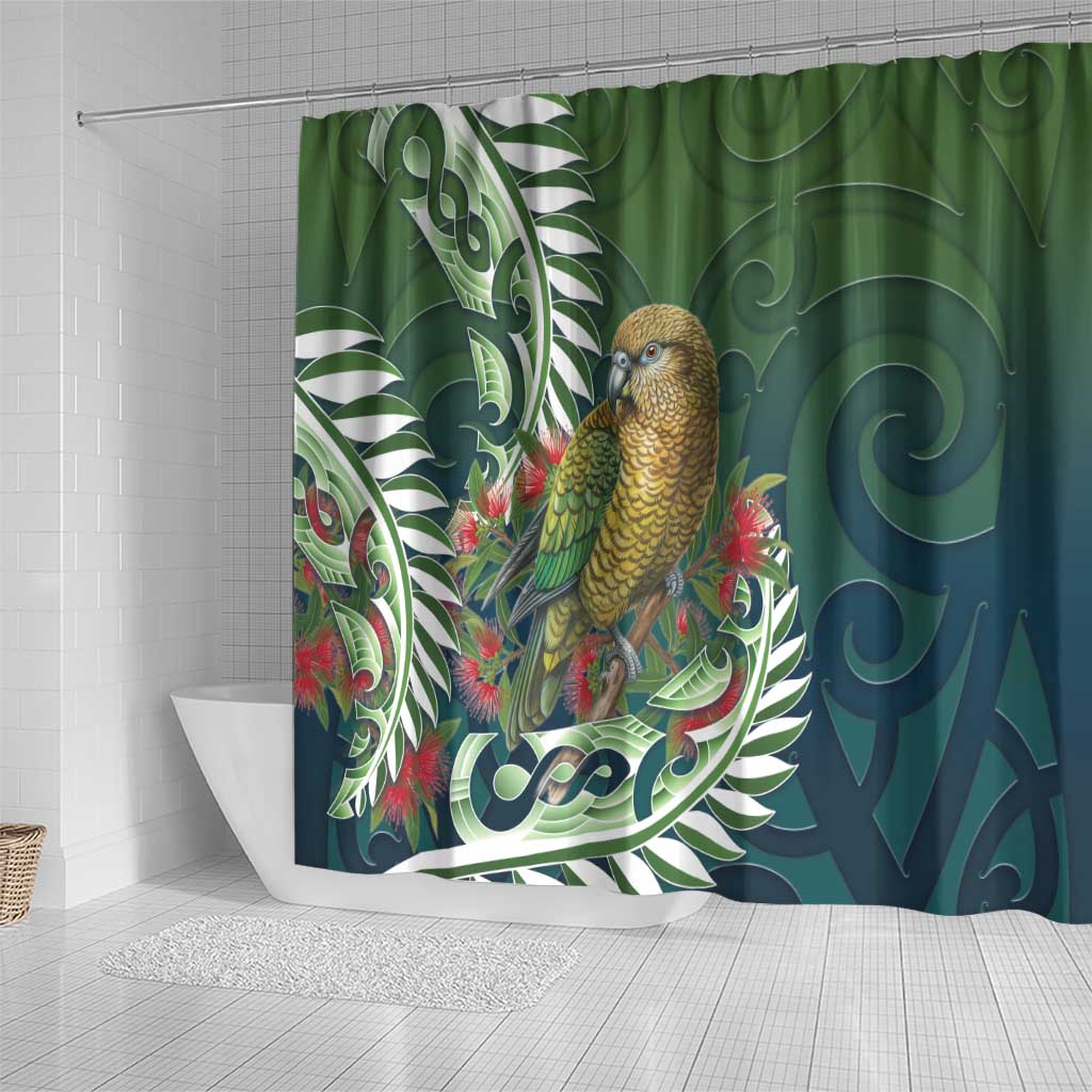 New Zealand Kea Bird Shower Curtain With Maori Koru Fern - Aussie Hoodie