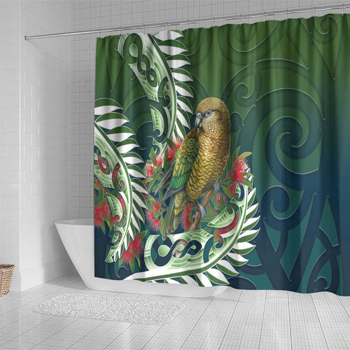 New Zealand Kea Bird Shower Curtain With Maori Koru Fern - Aussie Hoodie