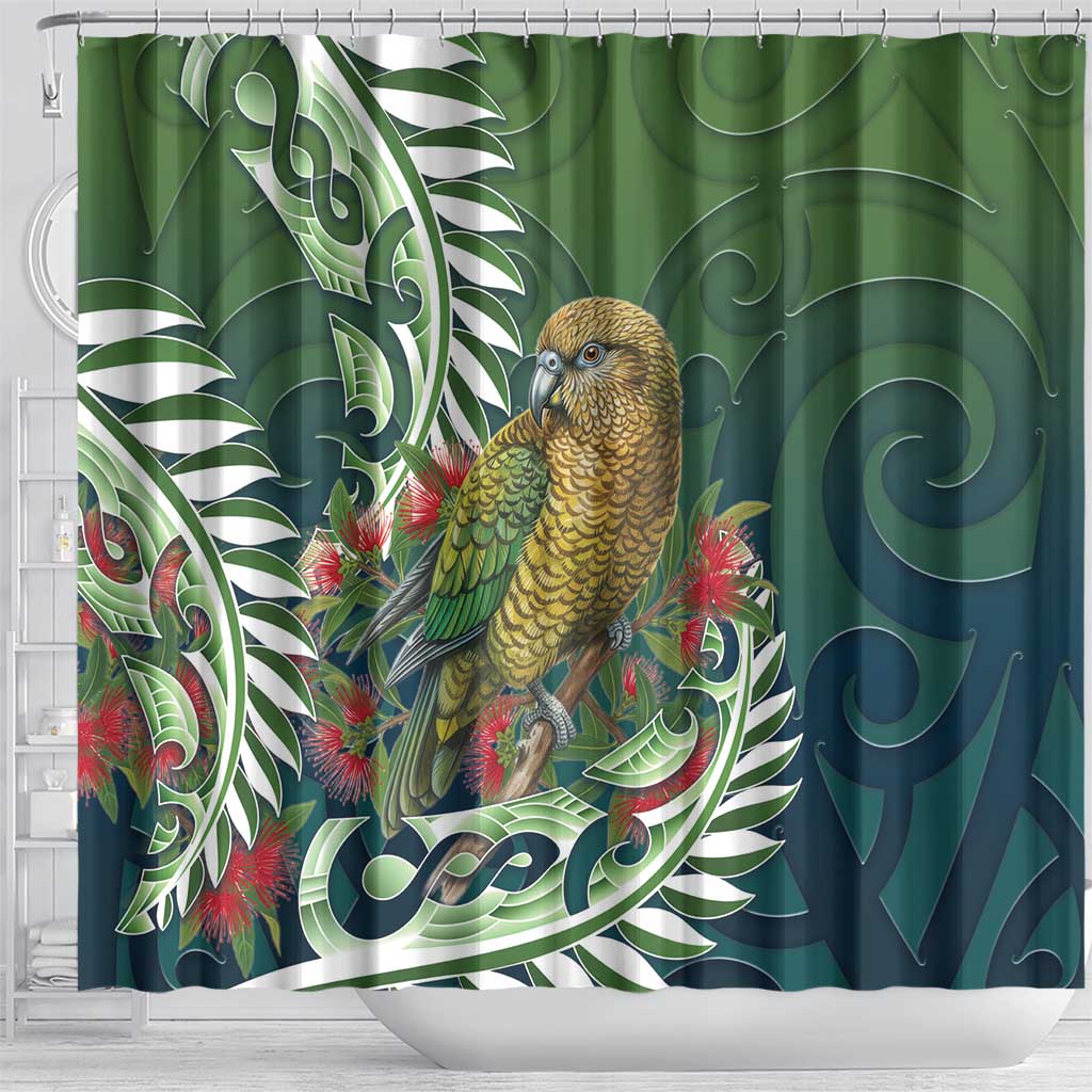New Zealand Kea Bird Shower Curtain With Maori Koru Fern - Aussie Hoodie