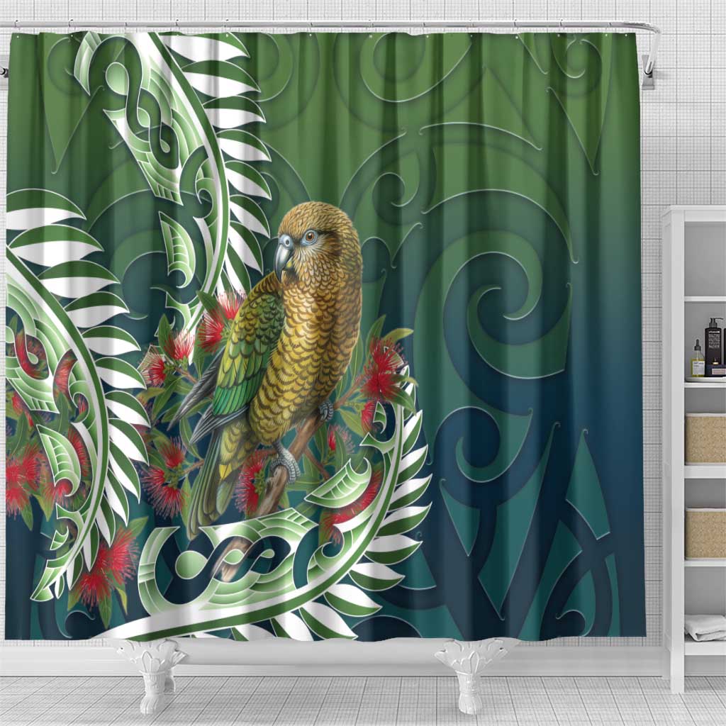 New Zealand Kea Bird Shower Curtain With Maori Koru Fern - Aussie Hoodie