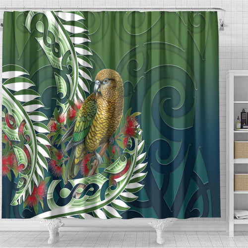 New Zealand Kea Bird Shower Curtain With Maori Koru Fern - Aussie Hoodie