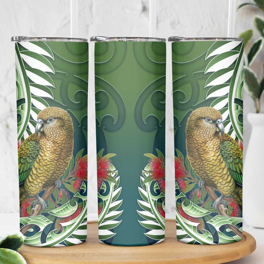 New Zealand Kea Bird Skinny Tumbler With Maori Koru Fern - Aussie Hoodie