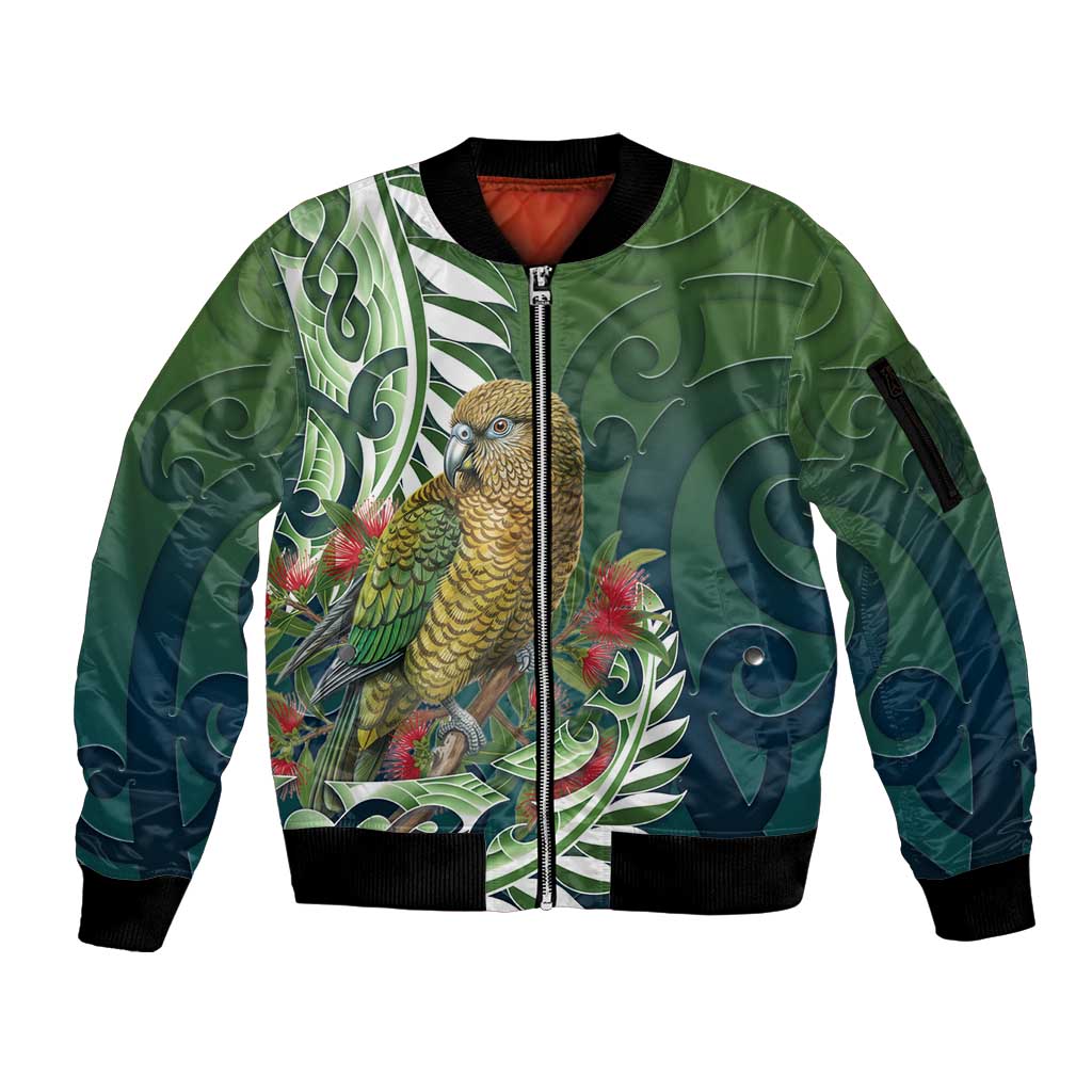 New Zealand Kea Bird Sleeve Zip Bomber Jacket With Maori Koru Fern - Aussie Hoodie
