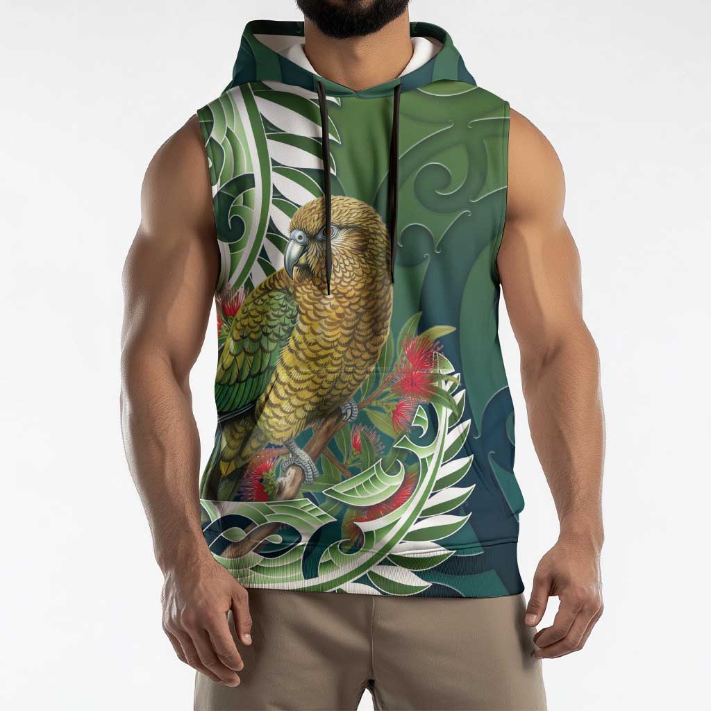 New Zealand Kea Bird Sleeveless Hoodie With Maori Koru Fern - Aussie Hoodie