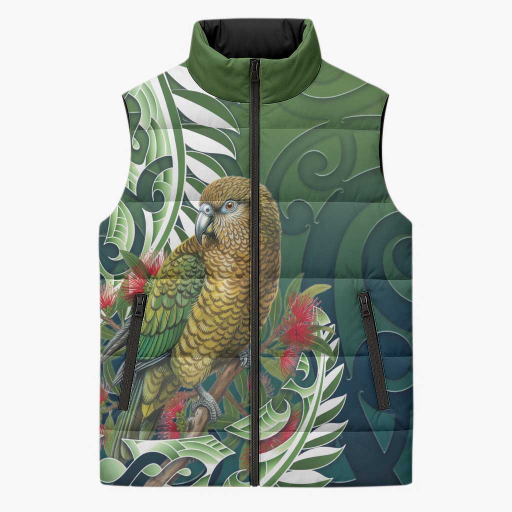 New Zealand Kea Bird Sleeveless Puffer Jacket With Maori Koru Fern - Aussie Hoodie
