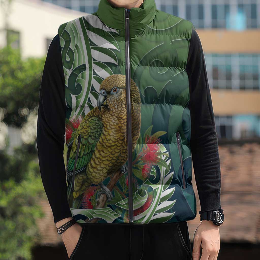 New Zealand Kea Bird Sleeveless Puffer Jacket With Maori Koru Fern - Aussie Hoodie