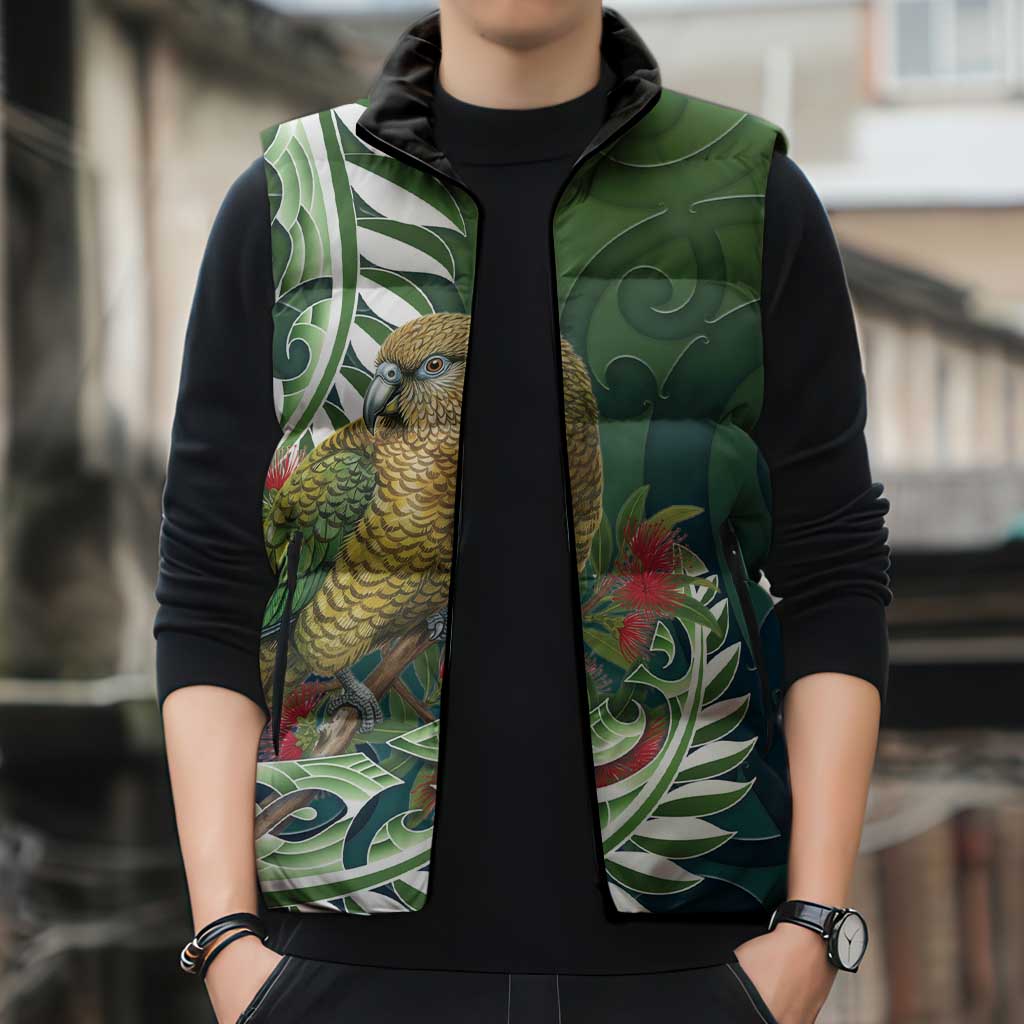 New Zealand Kea Bird Sleeveless Puffer Jacket With Maori Koru Fern - Aussie Hoodie