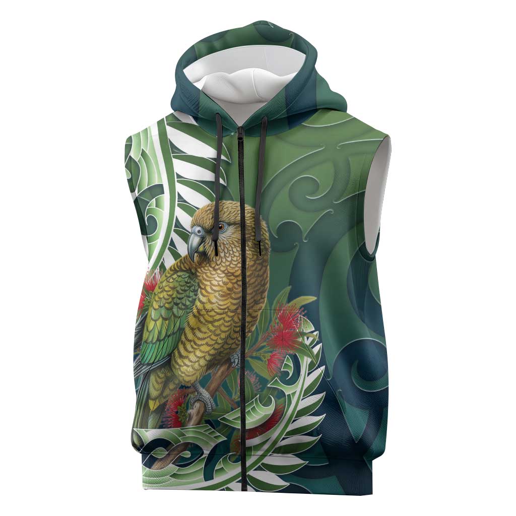 New Zealand Kea Bird Sleeveless Zip Hoodie With Maori Koru Fern - Aussie Hoodie