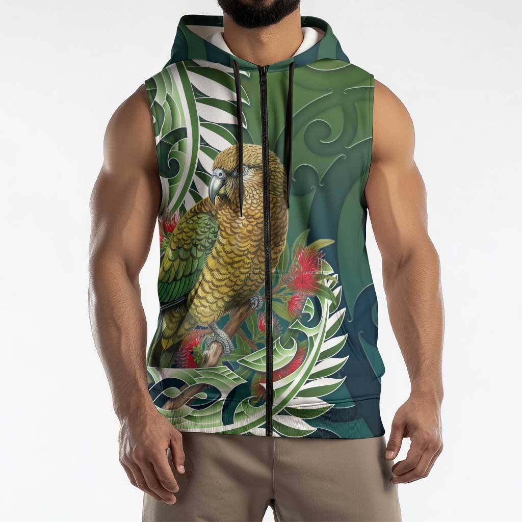 New Zealand Kea Bird Sleeveless Zip Hoodie With Maori Koru Fern - Aussie Hoodie