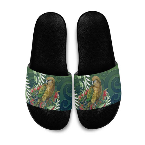 New Zealand Kea Bird Slide Sandals With Maori Koru Fern - Aussie Hoodie