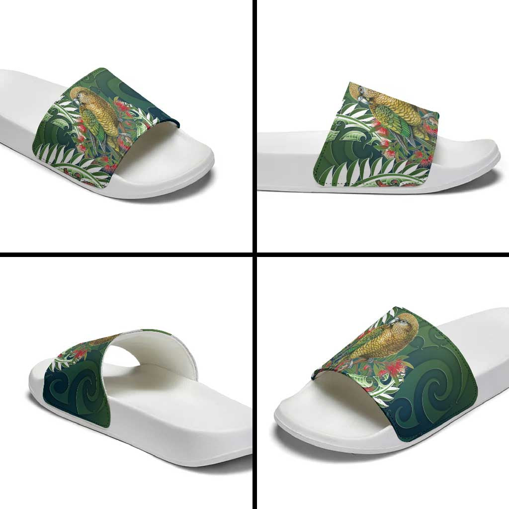 New Zealand Kea Bird Slide Sandals With Maori Koru Fern - Aussie Hoodie