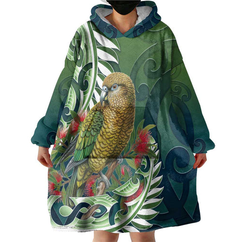 New Zealand Kea Bird Wearable Blanket Hoodie With Maori Koru Fern - Aussie Hoodie