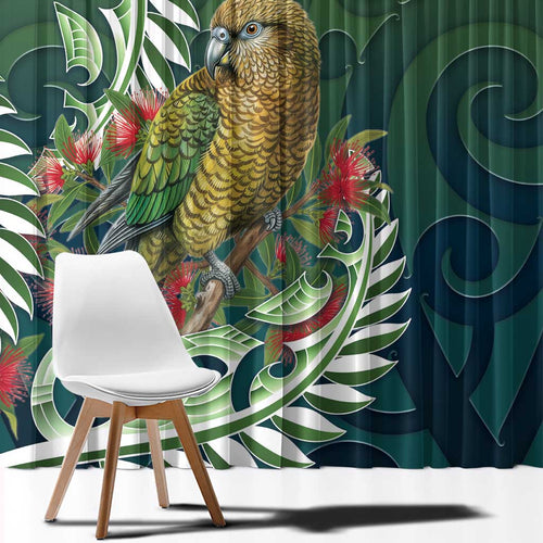 New Zealand Kea Bird Window Curtain With Maori Koru Fern - Aussie Hoodie