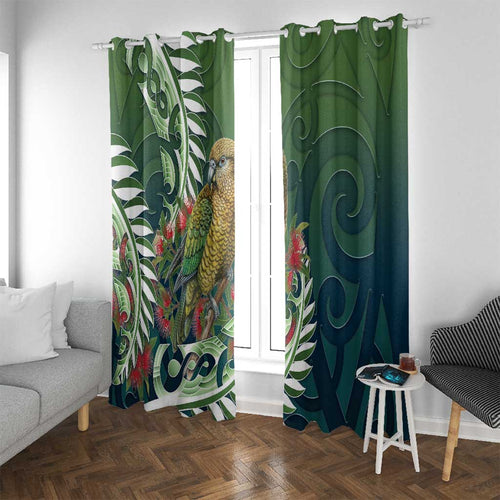 New Zealand Kea Bird Window Curtain With Maori Koru Fern - Aussie Hoodie