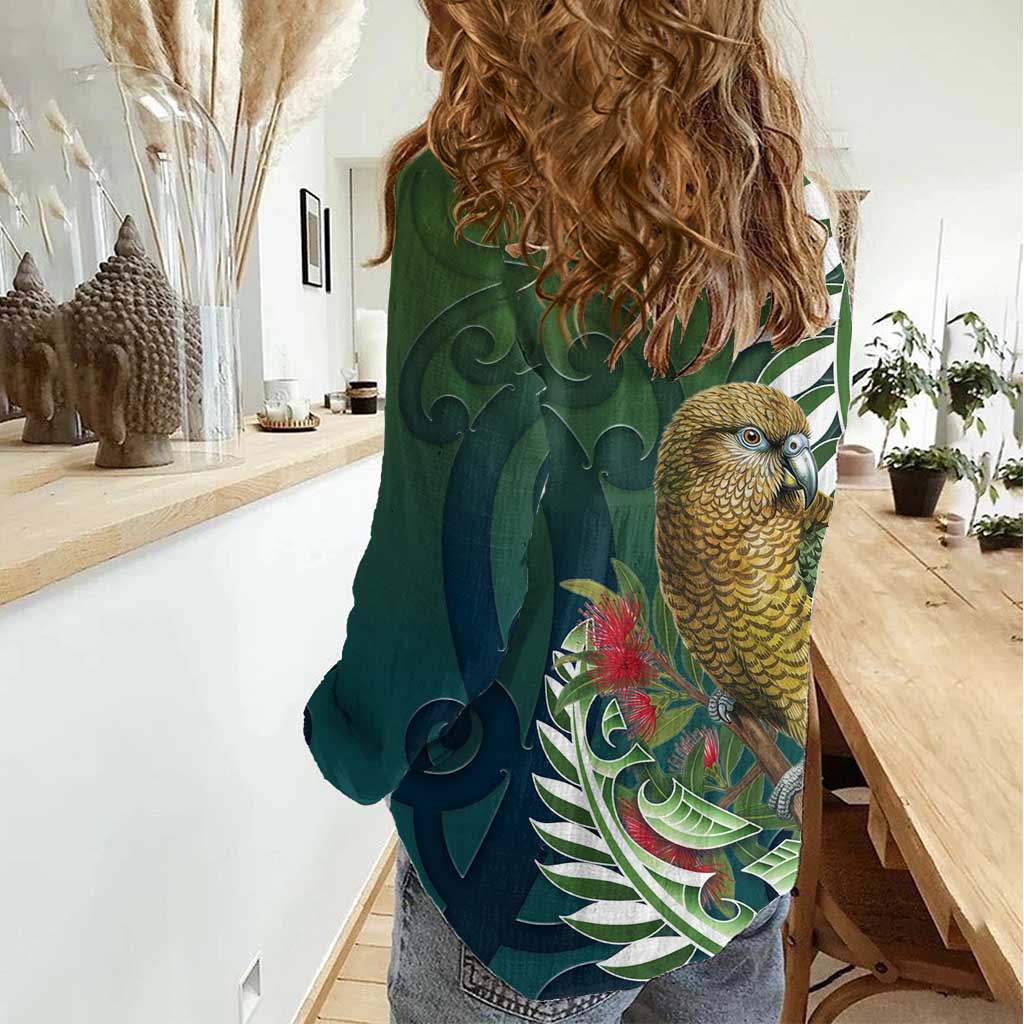 New Zealand Kea Bird Women Casual Shirt With Maori Koru Fern - Aussie Hoodie