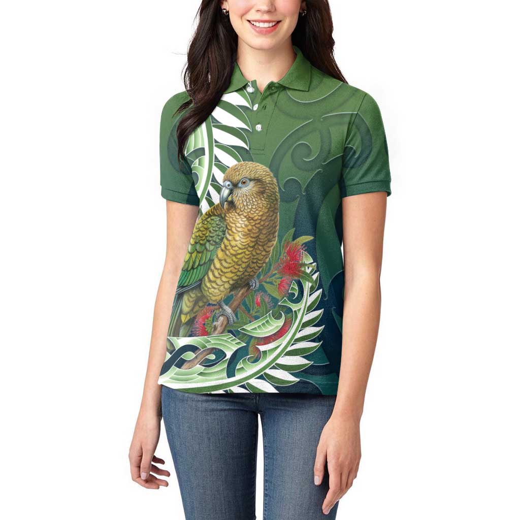 New Zealand Kea Bird Women Polo Shirt With Maori Koru Fern - Aussie Hoodie