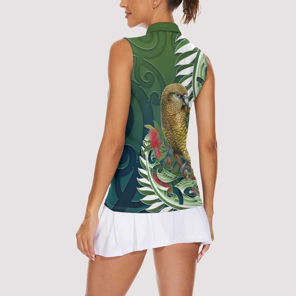 New Zealand Kea Bird Women Sleeveless Polo Shirt With Maori Koru Fern - Aussie Hoodie