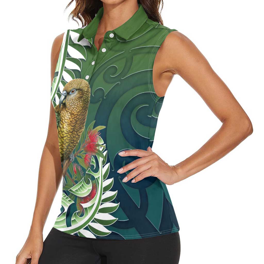 New Zealand Kea Bird Women Sleeveless Polo Shirt With Maori Koru Fern - Aussie Hoodie