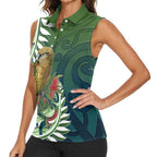 New Zealand Kea Bird Women Sleeveless Polo Shirt With Maori Koru Fern - Aussie Hoodie
