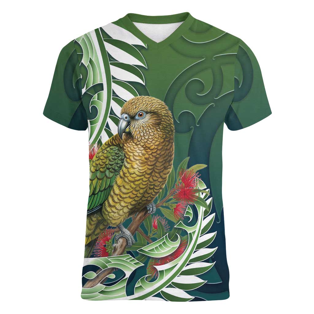 New Zealand Kea Bird Women V-Neck T-Shirt With Maori Koru Fern - Aussie Hoodie