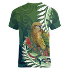 New Zealand Kea Bird Women V-Neck T-Shirt With Maori Koru Fern - Aussie Hoodie