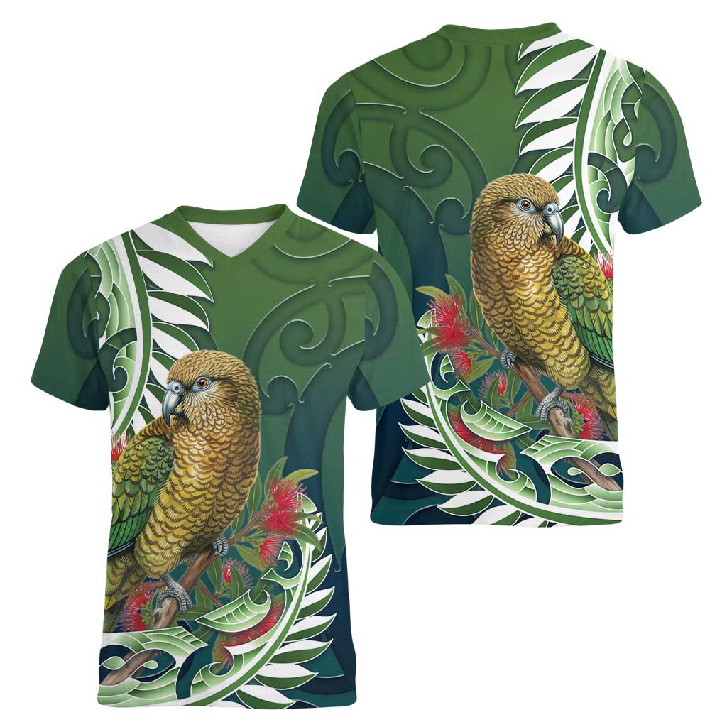 New Zealand Kea Bird Women V-Neck T-Shirt With Maori Koru Fern - Aussie Hoodie