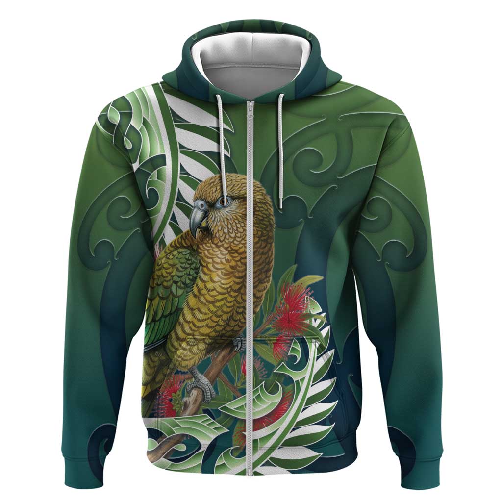 New Zealand Kea Bird Zip Hoodie With Maori Koru Fern - Aussie Hoodie