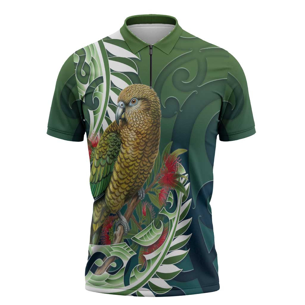 New Zealand Kea Bird Zipper Polo Shirt With Maori Koru Fern - Aussie Hoodie