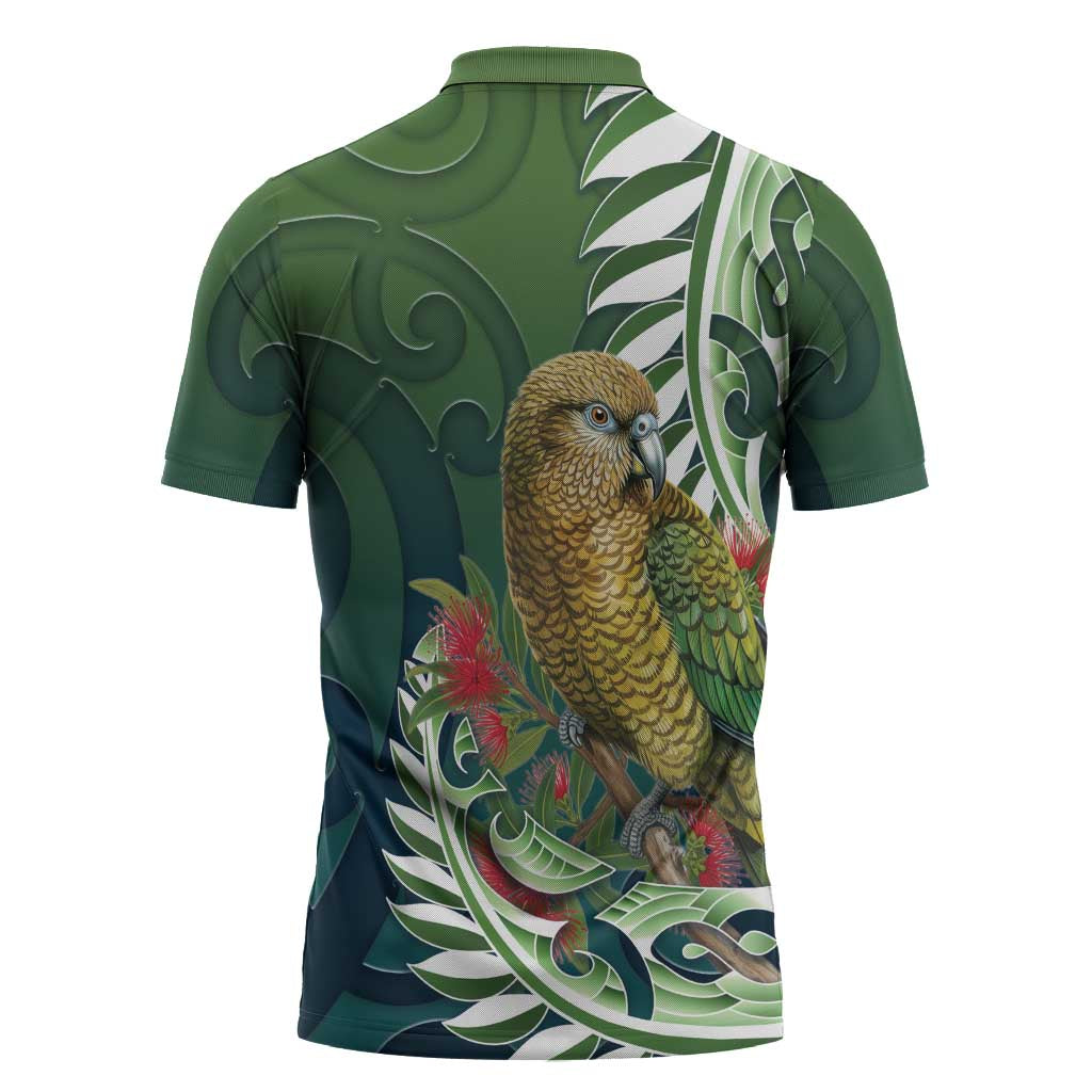 New Zealand Kea Bird Zipper Polo Shirt With Maori Koru Fern - Aussie Hoodie