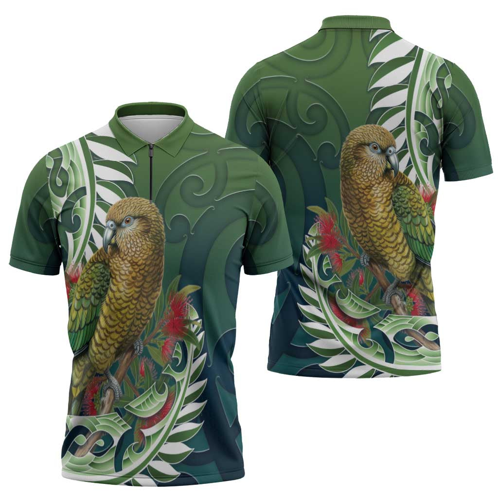 New Zealand Kea Bird Zipper Polo Shirt With Maori Koru Fern - Aussie Hoodie