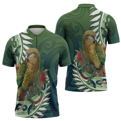New Zealand Kea Bird Zipper Polo Shirt With Maori Koru Fern - Aussie Hoodie