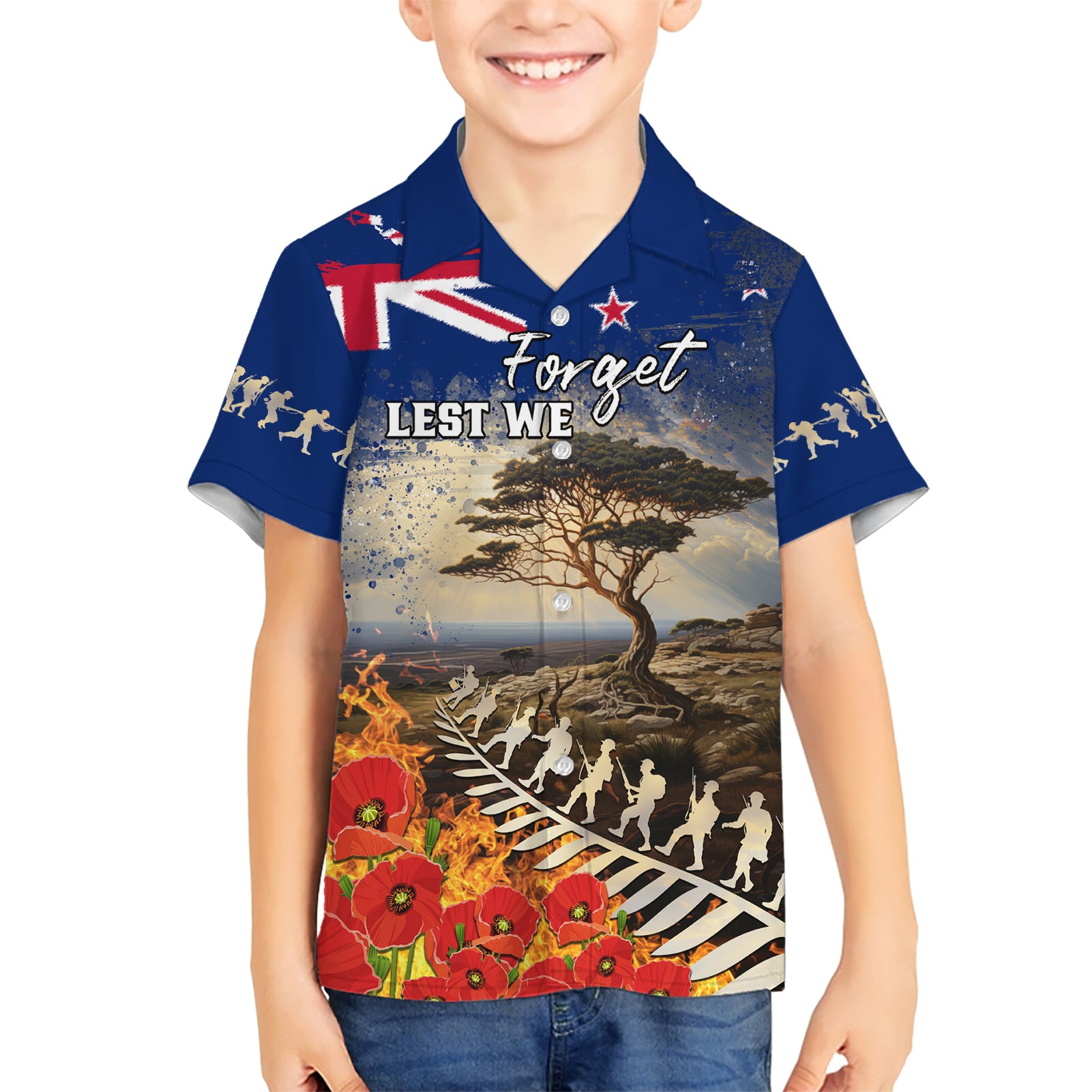 New Zealand ANZAC Day Kid Hawaiian Shirt The Lonesome Pine With Soldier Fern