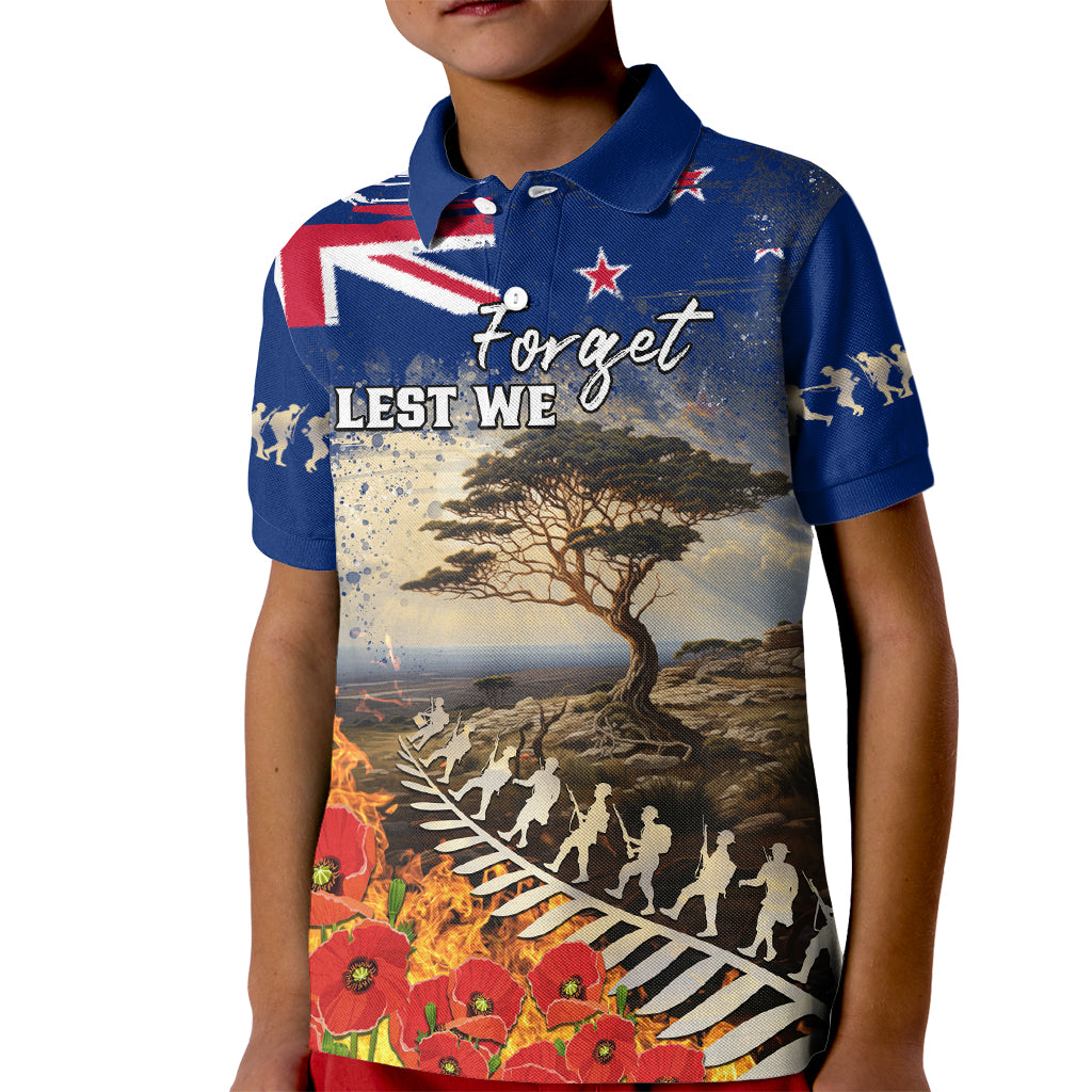 New Zealand ANZAC Day Kid Polo Shirt The Lonesome Pine With Soldier Fern