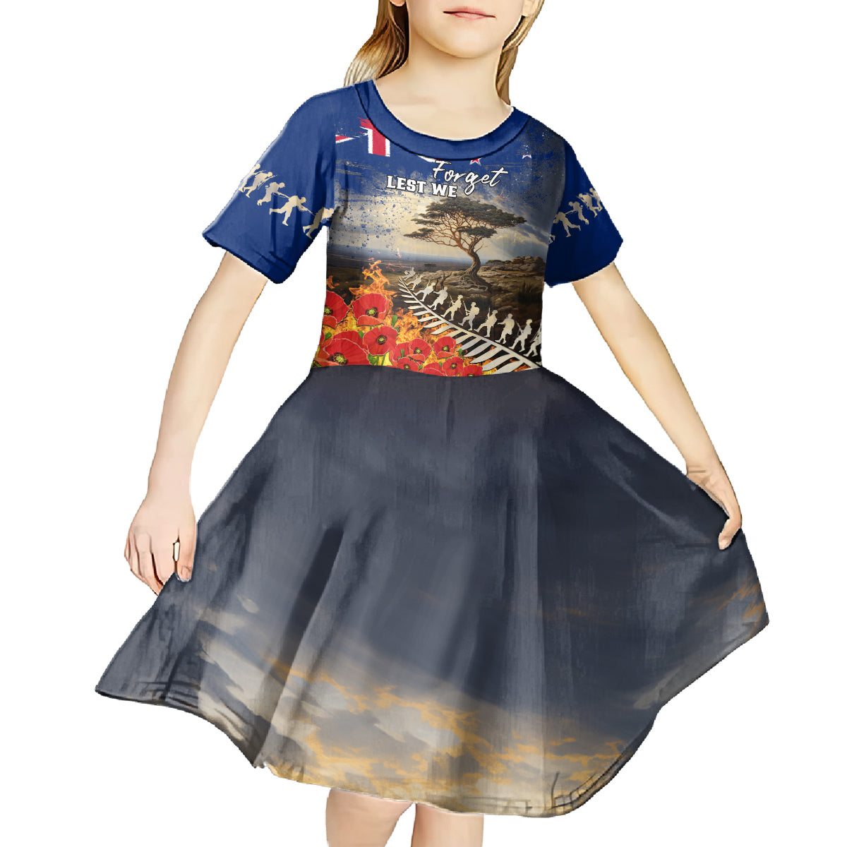New Zealand ANZAC Day Kid Short Sleeve Dress The Lonesome Pine With Soldier Fern
