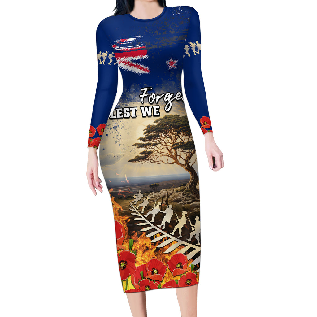 New Zealand ANZAC Day Long Sleeve Bodycon Dress The Lonesome Pine With Soldier Fern