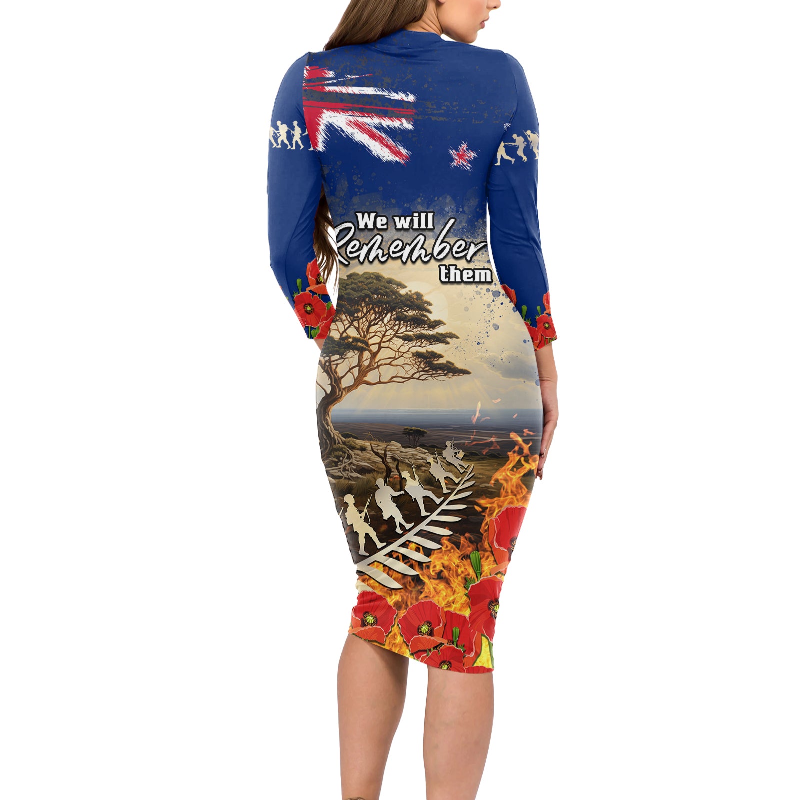 New Zealand ANZAC Day Long Sleeve Bodycon Dress The Lonesome Pine With Soldier Fern