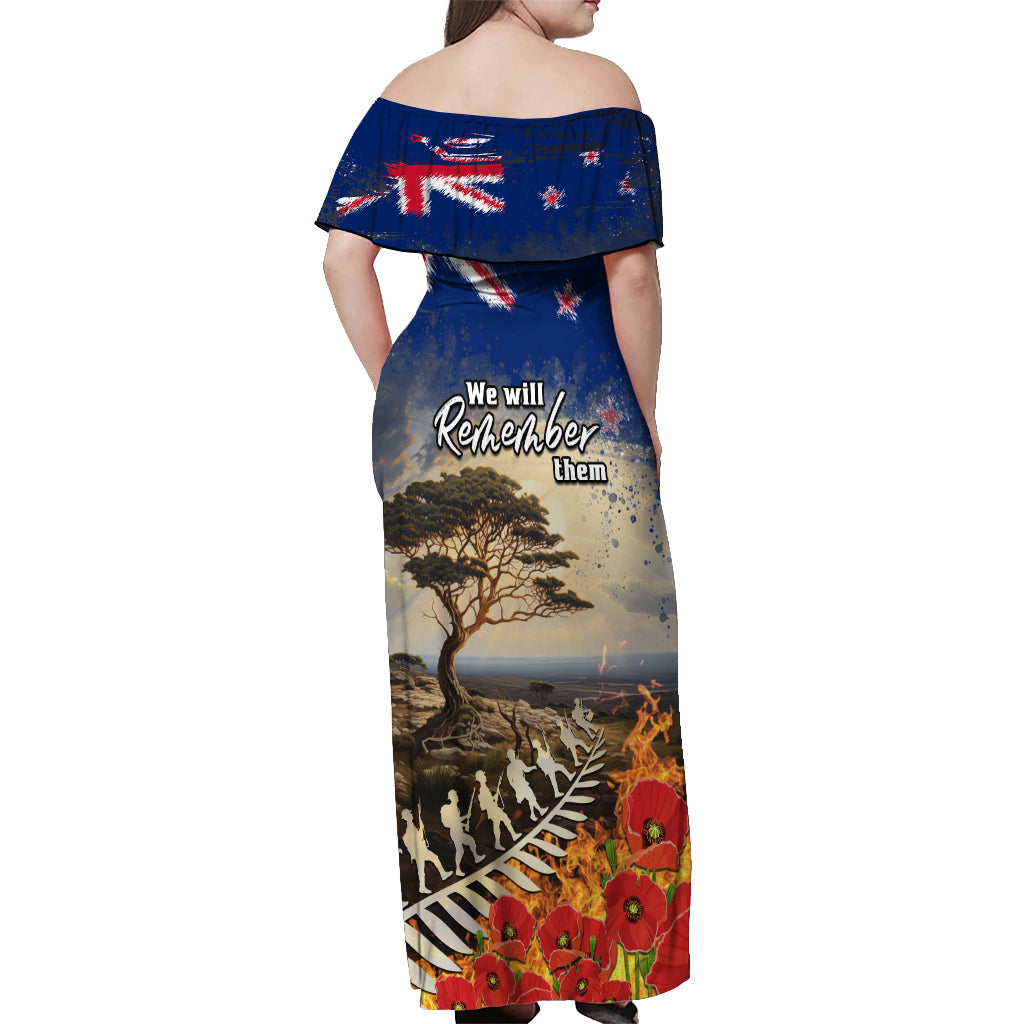 New Zealand ANZAC Day Off Shoulder Maxi Dress The Lonesome Pine With Soldier Fern