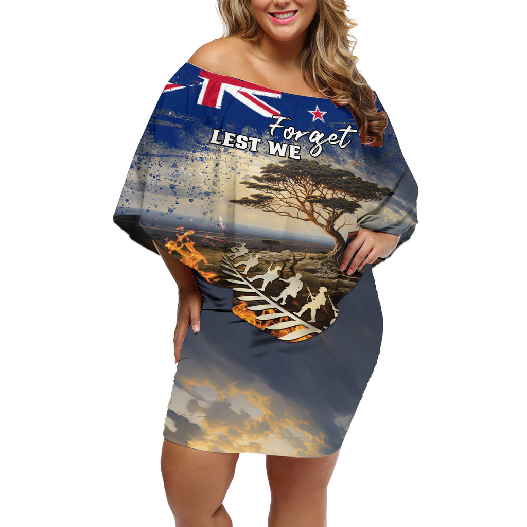 New Zealand ANZAC Day Off Shoulder Short Dress The Lonesome Pine With Soldier Fern