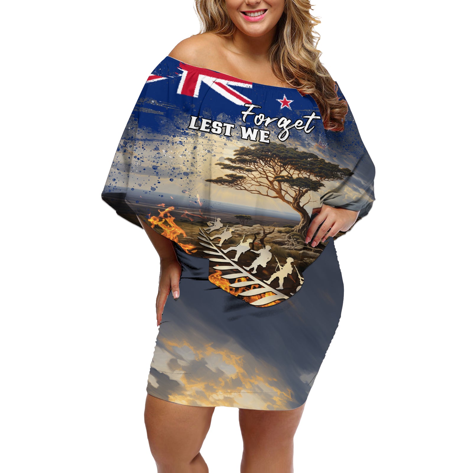 New Zealand ANZAC Day Off Shoulder Short Dress The Lonesome Pine With Soldier Fern