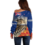 New Zealand ANZAC Day Off Shoulder Sweater The Lonesome Pine With Soldier Fern
