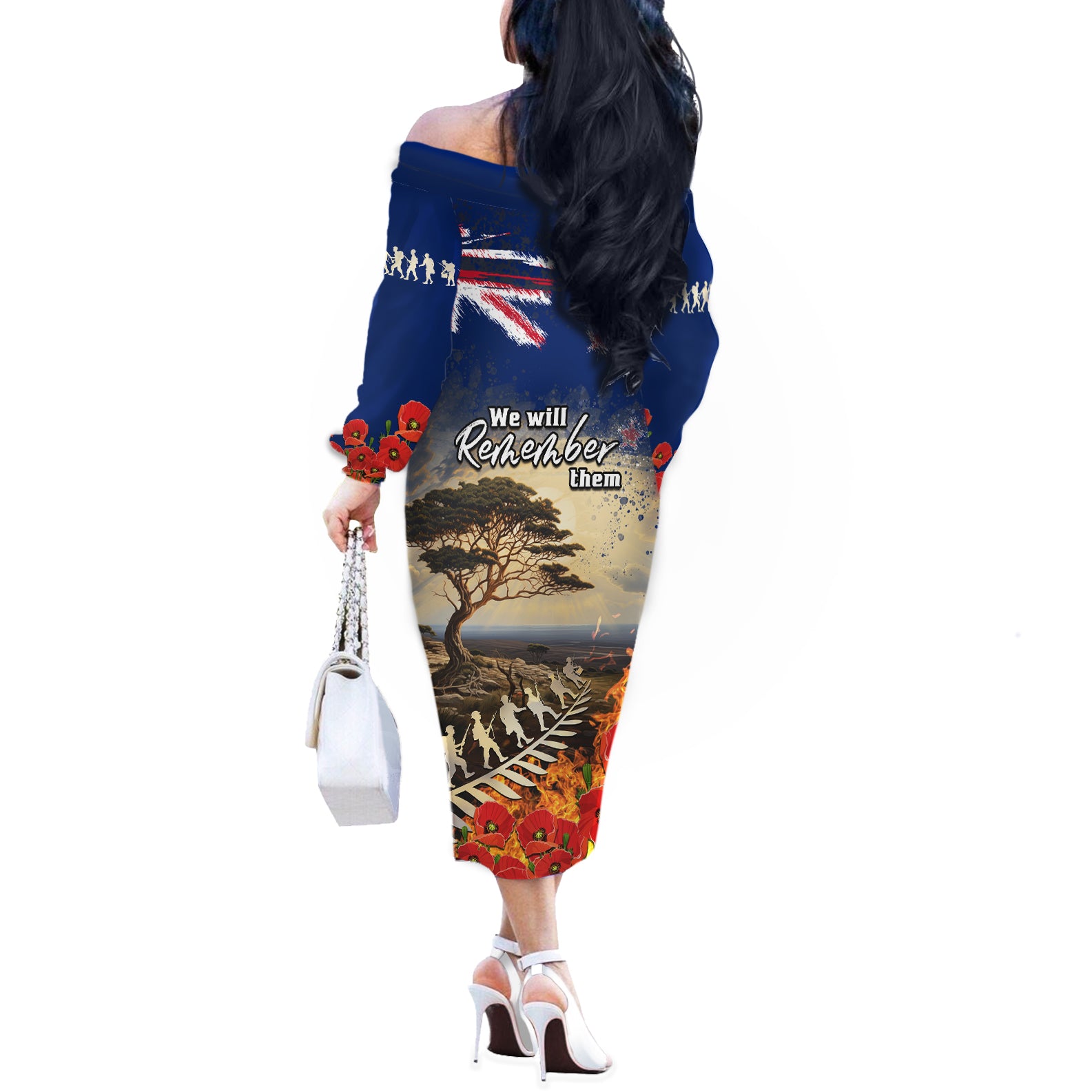New Zealand ANZAC Day Off The Shoulder Long Sleeve Dress The Lonesome Pine With Soldier Fern
