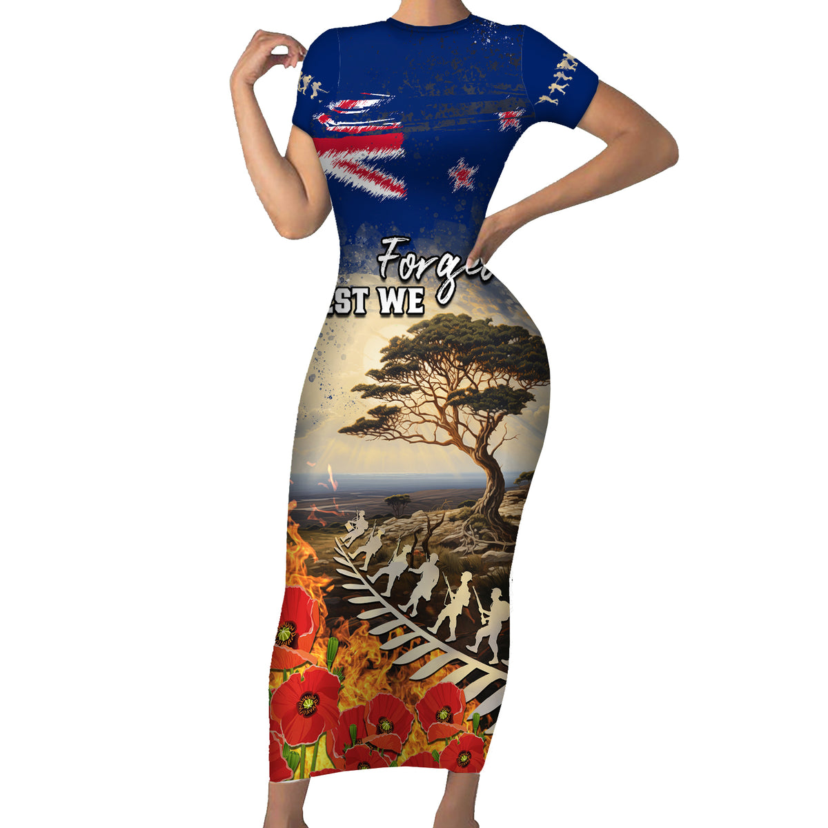 New Zealand ANZAC Day Short Sleeve Bodycon Dress The Lonesome Pine With Soldier Fern