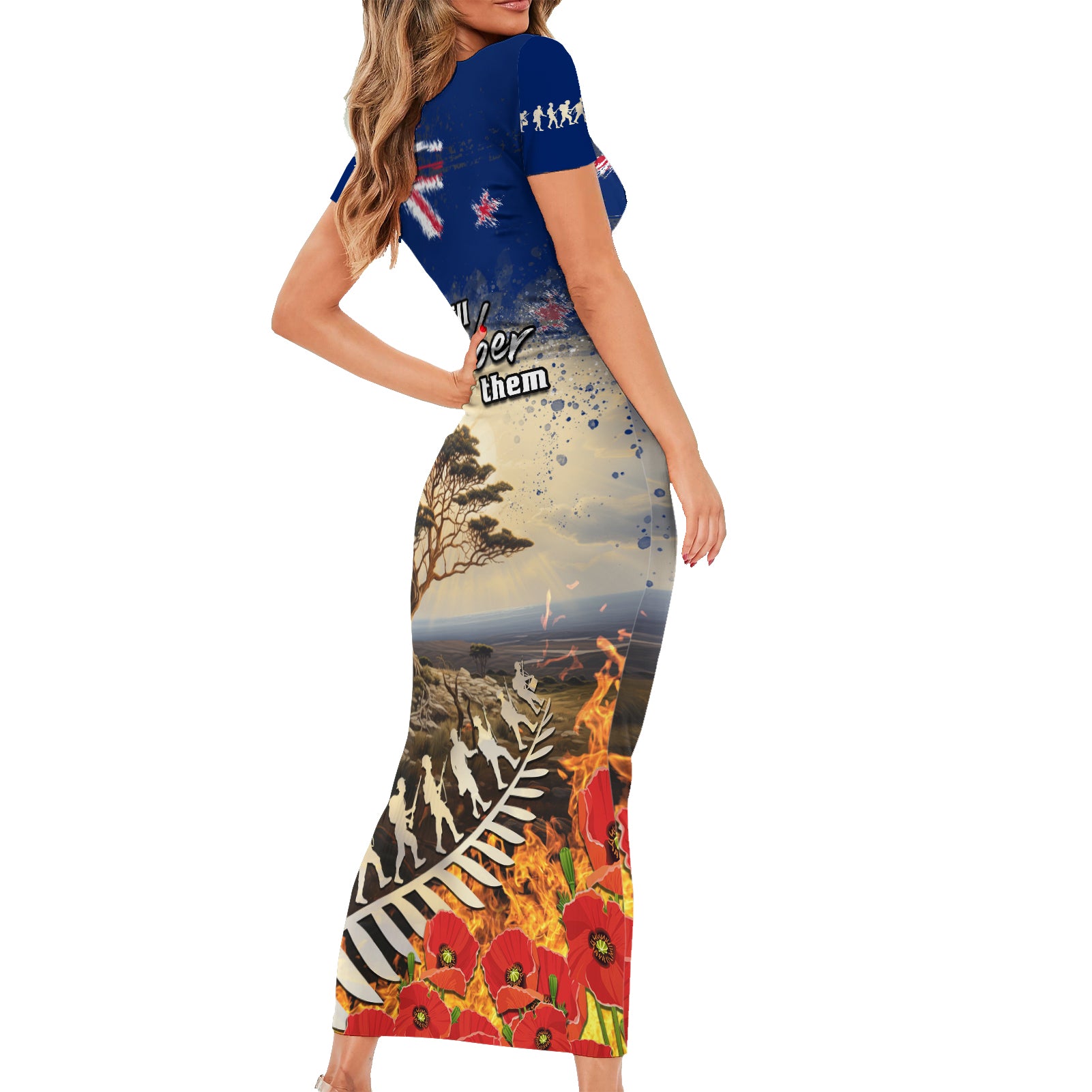 New Zealand ANZAC Day Short Sleeve Bodycon Dress The Lonesome Pine With Soldier Fern