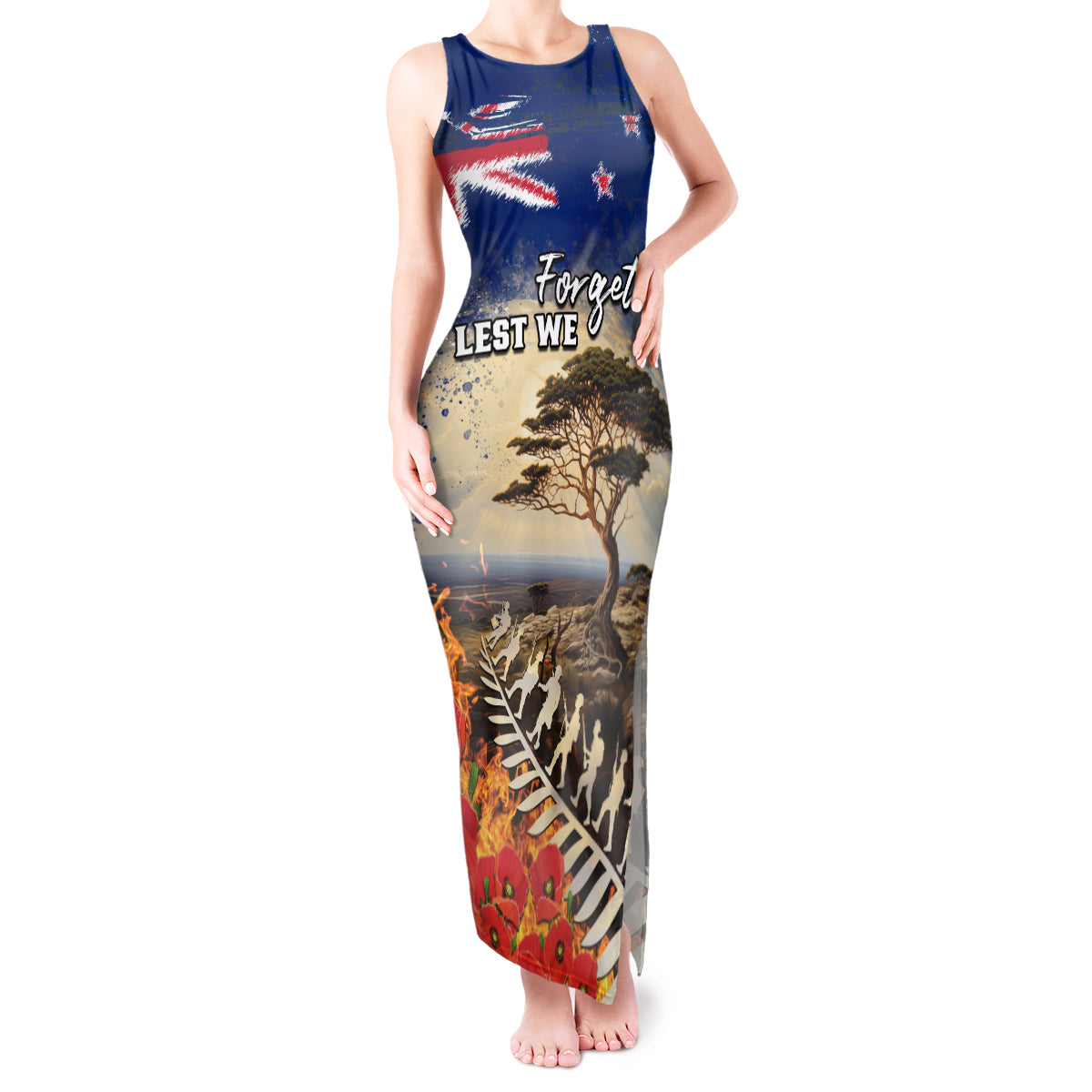 New Zealand ANZAC Day Tank Maxi Dress The Lonesome Pine With Soldier Fern