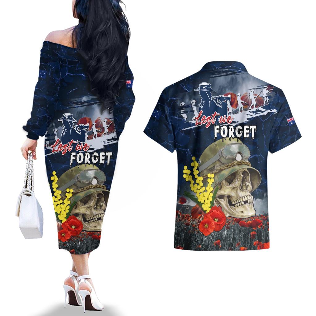 Australia ANZAC Day Couples Matching Off The Shoulder Long Sleeve Dress and Hawaiian Shirt Freedom Ain't Free