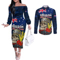 Australia ANZAC Day Couples Matching Off The Shoulder Long Sleeve Dress and Long Sleeve Button Shirt Freedom Ain't Free