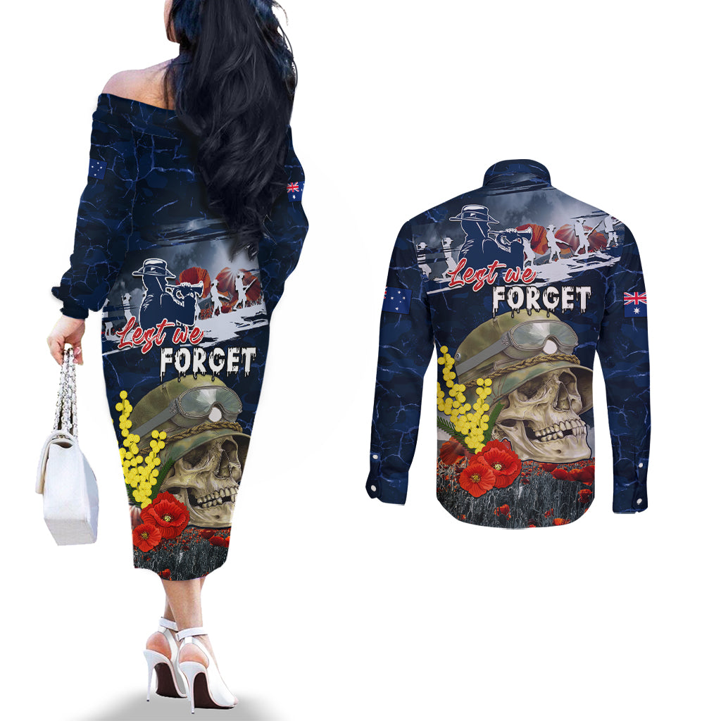 Australia ANZAC Day Couples Matching Off The Shoulder Long Sleeve Dress and Long Sleeve Button Shirt Freedom Ain't Free