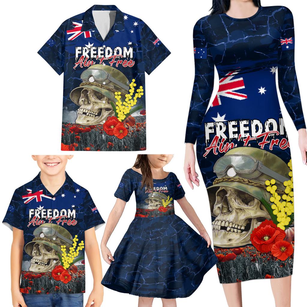Australia ANZAC Day Family Matching Long Sleeve Bodycon Dress and Hawaiian Shirt Freedom Ain't Free